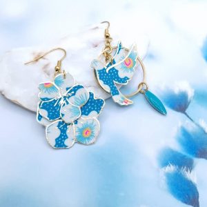 Boucles d'oreilles colombe et fleurs de cerisier en TISSU Petit Pan Osami turquoise