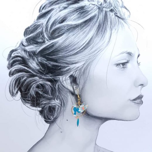 Boucles d'oreilles colombe et fleurs de cerisier en TISSU Petit Pan Osami turquoise Boucles d'oreilles colombe et fleurs de cerisier en TISSU Petit Pan Osami turquoise