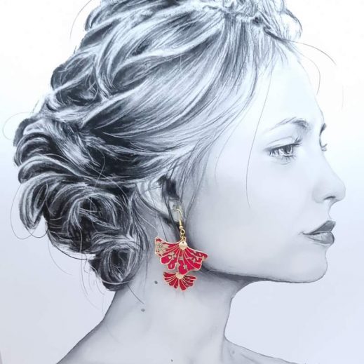 Boucles d'oreilles grande carpe Koï et Ginkgo en TISSU Liberty Capel rubis Boucles d'oreilles grande carpe Koï et Ginkgo en TISSU Liberty Capel rubis