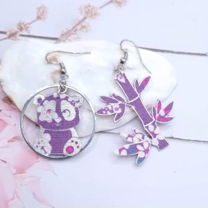 Boucles d'oreilles Panda et bambou en petit pan Hanako violet