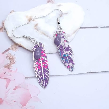 Boucles d'oreilles plumes en TISSU Petit Pan Hanako violet