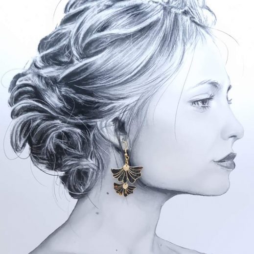 Boucles d'oreilles Gingko en TISSU liberty Erica noir Boucles d'oreilles Gingko en TISSU liberty Erica noir