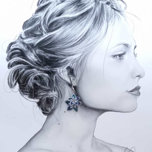 boucles d'oreilles oiseau colibri et fleur de tiaré en liberty Erica Navy boucles d'oreilles oiseau colibri et fleur de tiaré en liberty Erica Navy