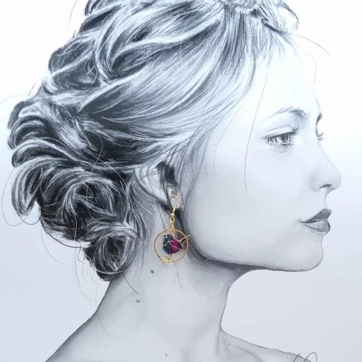 Boucles rouge-gorge et plume en liberty Perséphone violine Boucles rouge-gorge et plume en liberty Perséphone violine