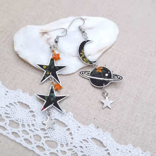 boucles d'oreilles étoiles lune planète liberty Erica noir