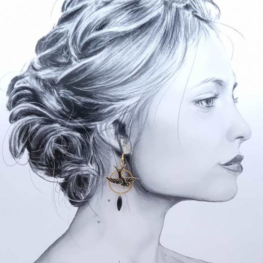 boucles d'oreilles oiseau hirondelle et plume en liberty Erica noir boucles d'oreilles oiseau hirondelle et plume en liberty Erica noir