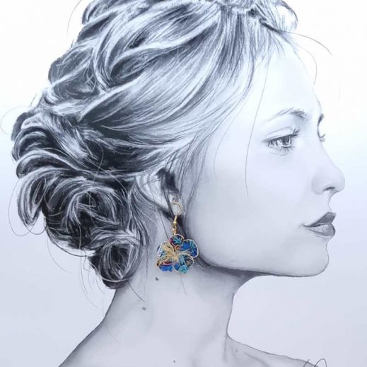 Boucles Perruche et fleur hibiscus en liberty Strawberry thief denim Boucles Perruche et fleur hibiscus en liberty Strawberry thief denim