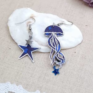 Boucles d'oreilles méduse et étoile en liberty Capel indigo