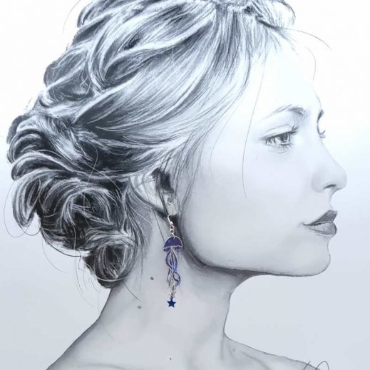 Boucles d'oreilles méduse et étoile en liberty Capel indigo00 Boucles d'oreilles méduse et étoile en liberty Capel indigo