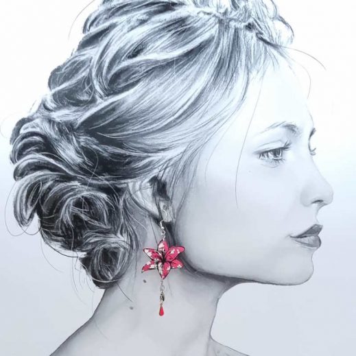 boucles d'oreilles lys et Flamant rose en Liberty Capel rose boucles d'oreilles lys et Flamant rose en Liberty Capel rose