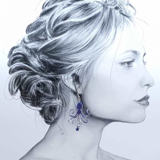 Boucle d'oreille A l'UNITE poulpe en liberty Capel indigo Boucle d'oreille A l'UNITE poulpe en liberty Capel indigo