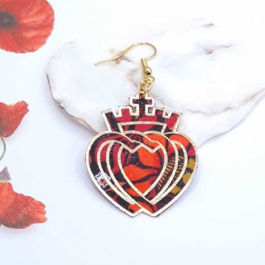 Boucles d'oreilles Coeur vendéen en Liberty Perséphone rouge et orange Boucles d'oreilles Coeur vendéen en Liberty Perséphone rouge et orange