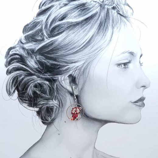 Boucles d'oreilles Panda et bambou en Liberty Perséphone rouge et orange Boucles d'oreilles Panda et bambou en Liberty Perséphone rouge et orange