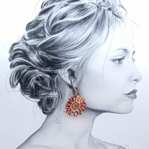 Boucles d'oreilles grands tournesols en liberty Perséphone rouge et orange Boucles d'oreilles grands tournesols en liberty Perséphone rouge et orange