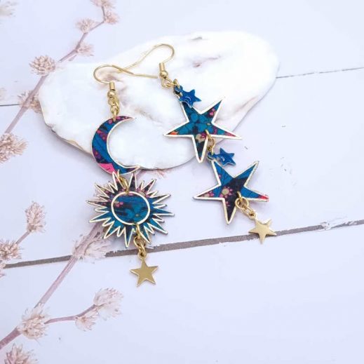boucles d'oreilles étoiles lune soleil liberty Ciara pétrole