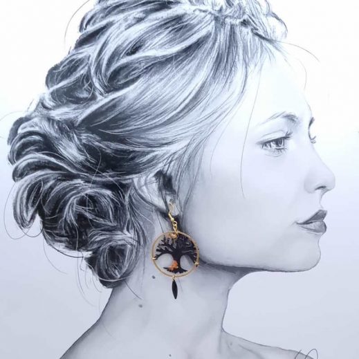 boucles d'oreilles plumes et arbre de vie en liberty Erica noir boucles d'oreilles plumes et arbre de vie en liberty Erica noir