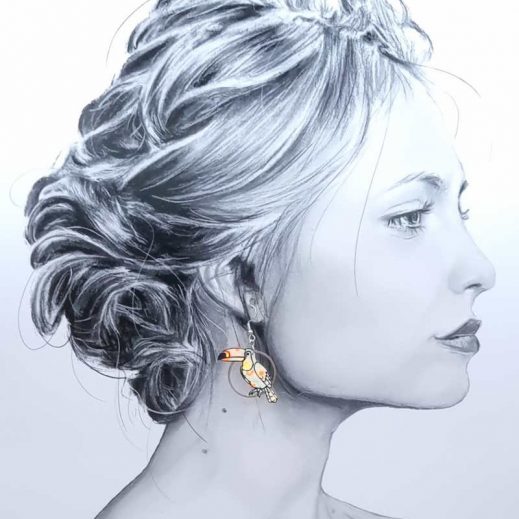 boucles d'oreilles Toucan et feuille en tissu petit Pan flower power blanc boucles d'oreilles Toucan et feuille en tissu petit Pan flower power blanc