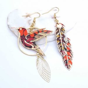 boucles d'oreilles grand colibri et plumes en liberty Perséphone rouge et orange