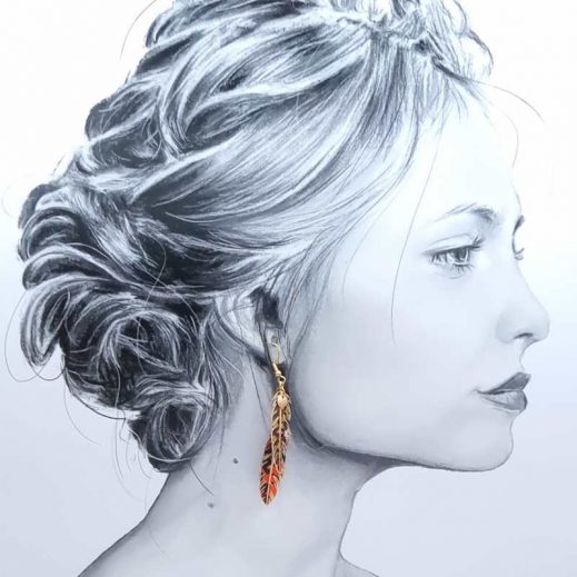 boucles d'oreilles grand colibri et plumes en liberty Perséphone rouge et orange boucles d'oreilles grand colibri et plumes en liberty Perséphone rouge et orange