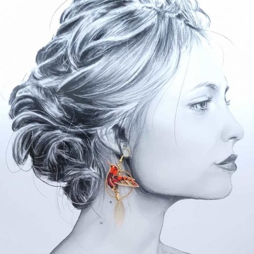 boucles d'oreilles grand colibri et plumes en liberty Perséphone rouge et orange boucles d'oreilles grand colibri et plumes en liberty Perséphone rouge et orange