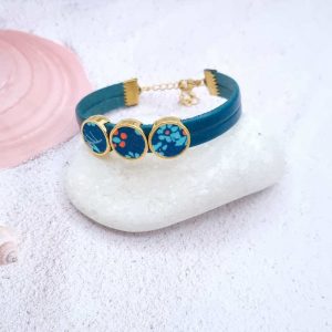 Bracelet Cuir turquoise 2 rangs avec 3 médaillons cabochons en coton Hanako orage