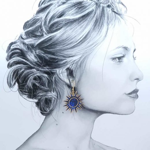 boucles soleil lune capel indigo 2 Boucles d'oreilles Lune et soleil en TISSU liberty Capel indigo