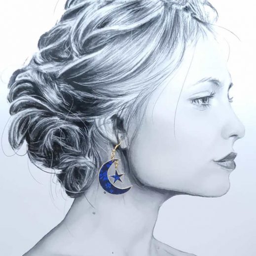 boucles soleil lune capel indigo 3 Boucles d'oreilles Lune et soleil en TISSU liberty Capel indigo