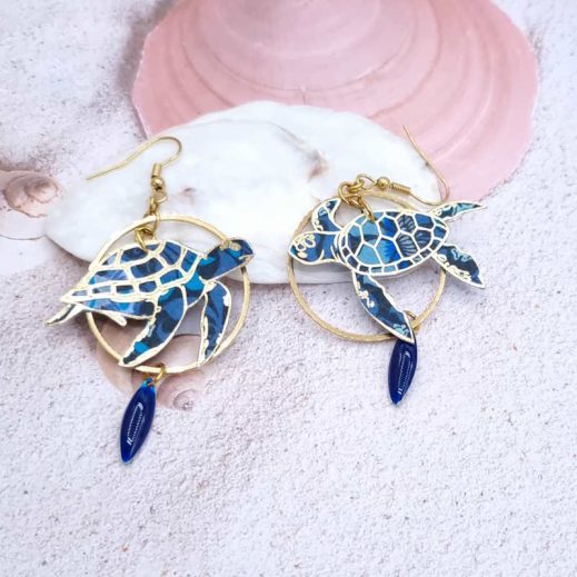 boucles d'oreilles tortue en liberty Perséphone bleu