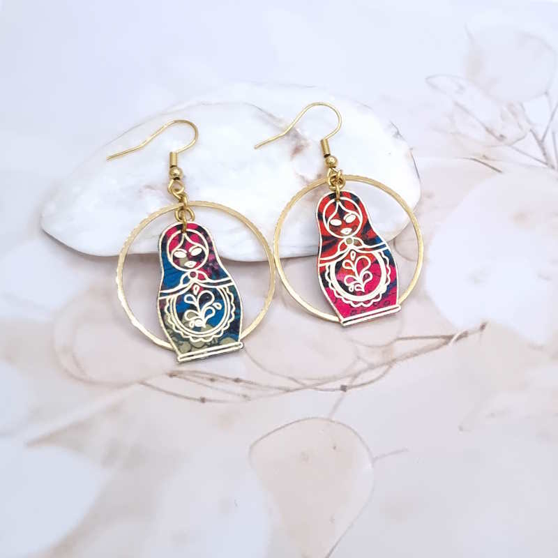 Boucles D'oreilles Dormeuses Matriochka Orange Et Or - Clips Ou Dormeuses Au Choix