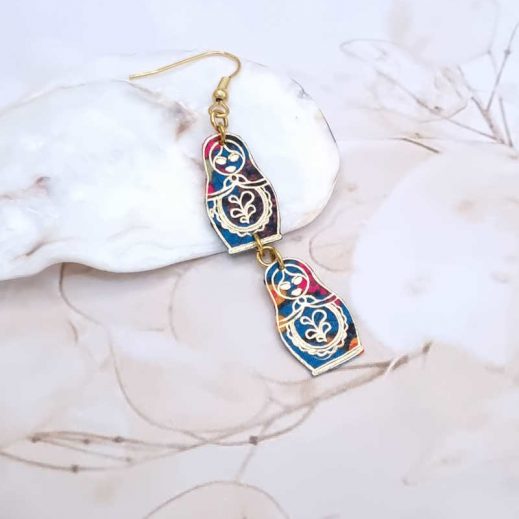 boucles mini matrioshka en liberty ciara pétrole et acier doré 1 Boucles d'oreilles Matriochka et minis Matriochkas en liberty Ciara pétrole