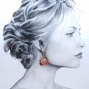 Boucles d'oreilles dépareillées asymétriques Rose et Matriochka en tissu liberty Ciara pétrole et acier inoxydable doré