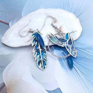 boucles d'oreilles colibri et plume en liberty Perséphone bleu