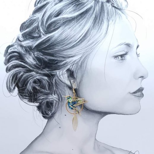 boucles grand colibri et plumes en liberty strawberry thief denim 2 boucles d'oreilles grand colibri et plumes en liberty Strawberry thief denim