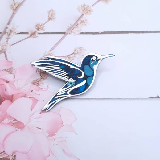 Broche colibri en liberty perséphone bleu