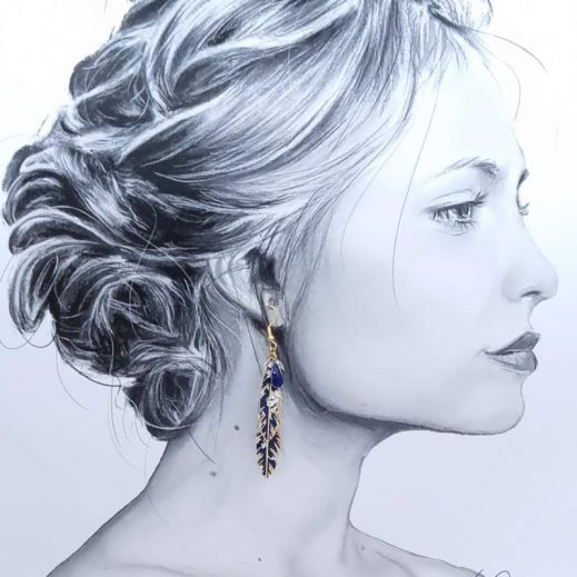 boucles d'oreilles grand colibri et plumes en liberty Capel navy boucles d'oreilles grand colibri et plumes en liberty Capel navy