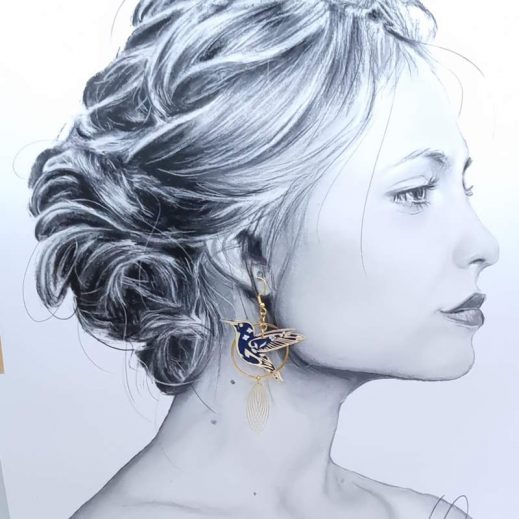 boucles d'oreilles grand colibri et plumes en liberty Capel navy boucles d'oreilles grand colibri et plumes en liberty Capel navy