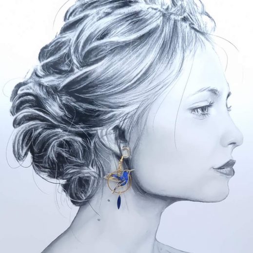 boucles d'oreilles oiseau colibri et fleur de lys en liberty Capel indigo boucles d'oreilles oiseau colibri et fleur de lys en liberty Capel indigo