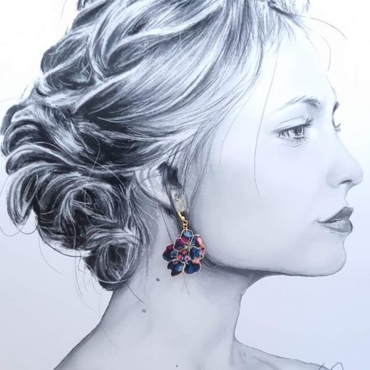 Boucles d'oreilles grand colibri et Sakura en liberty Perséphone Violine Boucles d'oreilles grand colibri et Sakura en liberty Perséphone Violine