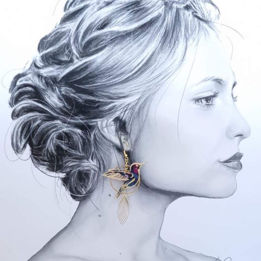 Boucles d'oreilles grand colibri et Sakura en liberty Perséphone Violine Boucles d'oreilles grand colibri et Sakura en liberty Perséphone Violine