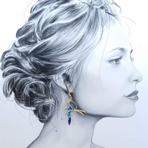 Boucles d'oreilles oiseau Paille en queue et La Réunion en liberty Strawberry Thief denim Boucles d'oreilles oiseau Paille en queue et La Réunion en liberty Strawberry Thief denim