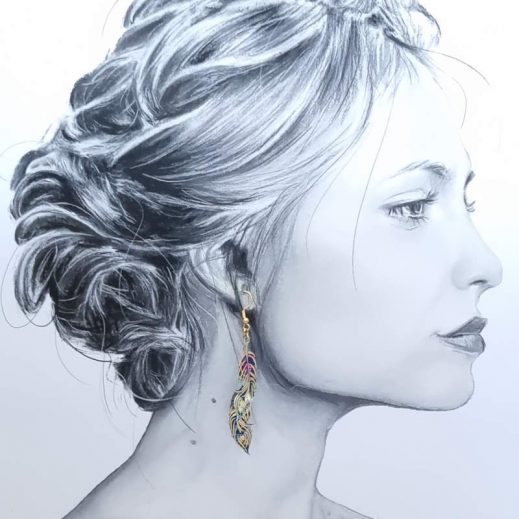 Boucles d'oreilles paon et plumes en liberty Strawberry Thief denim Boucles d'oreilles paon et plumes en liberty Strawberry Thief denim