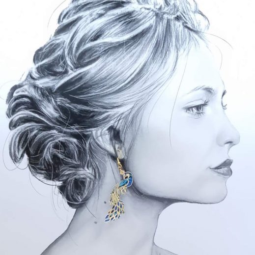 Boucles d'oreilles paon et plumes en liberty Strawberry Thief denim Boucles d'oreilles paon et plumes en liberty Strawberry Thief denim