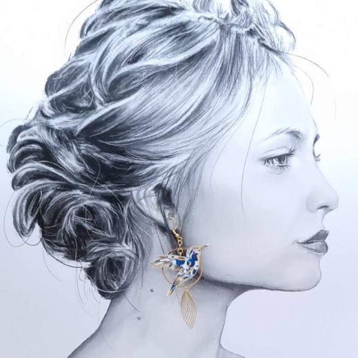 Boucles d'oreilles grand colibri et plumes en liberty Wilthshire Curaçao Boucles d'oreilles grand colibri et plumes en liberty Wilthshire Curaçao