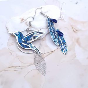 Boucles d'oreilles grand colibri et plumes en liberty Perséphone bleu