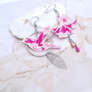 Boucles d'oreilles grand colibri et Fushia en Petit Pan Osami rose