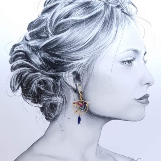 Boucles d'oreilles colibris en TISSU liberty Perséphone violine Boucles d'oreilles colibris en TISSU liberty Perséphone violine