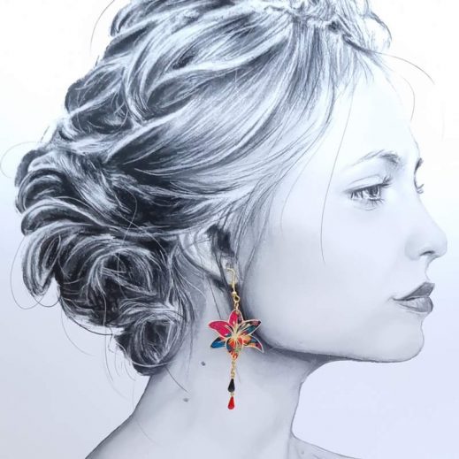 Boucles d'oreilles colibri et fleur de lys en TISSU liberty Ciara pétrole Boucles d'oreilles colibri et fleur de lys en TISSU liberty Ciara pétrole