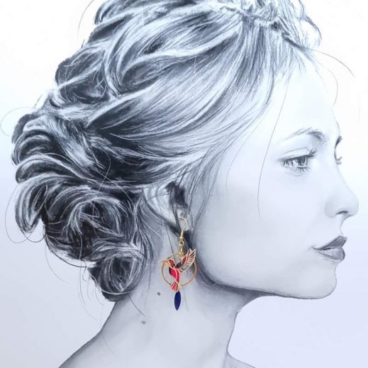 Boucles d'oreilles colibri et petites fleurs de Magnolia en TISSU liberty Ciara pétrole Boucles d'oreilles colibri et petites fleurs de Magnolia en TISSU liberty Ciara pétrole