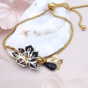 Bracelet ajustable acier avec magnolia en liberty Elizabeth noir
