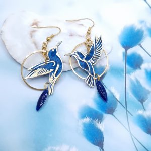 Boucles d'oreilles colibris en liberty Emma and Georgina bleu